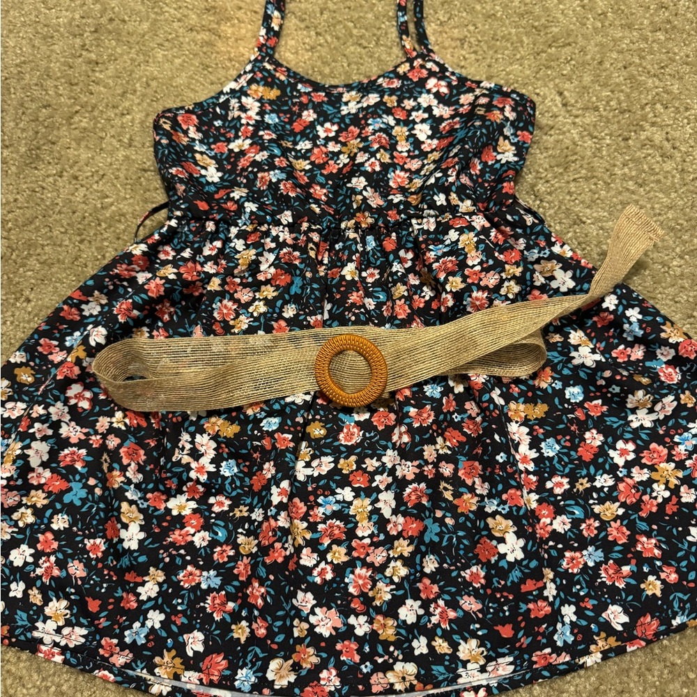 SHEIN Floral Kids Dress with Belt - Black and Multicolor
